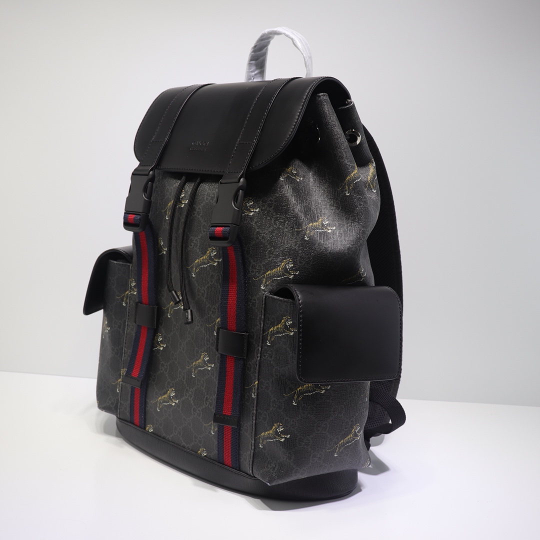  Imitation Gucci 495563 GG Black Backpack For Men Black Grey Soft GG Supreme With Tiger Print For Sale Online