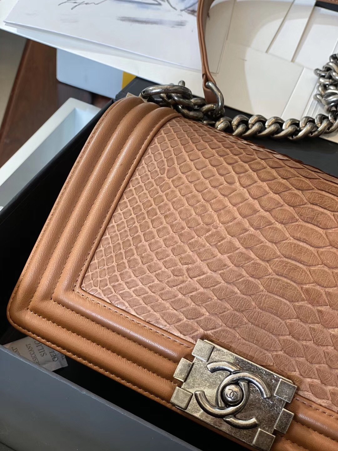  Replica Boy Chanel Bag South African Python Skin with Imported Sheepskin 017