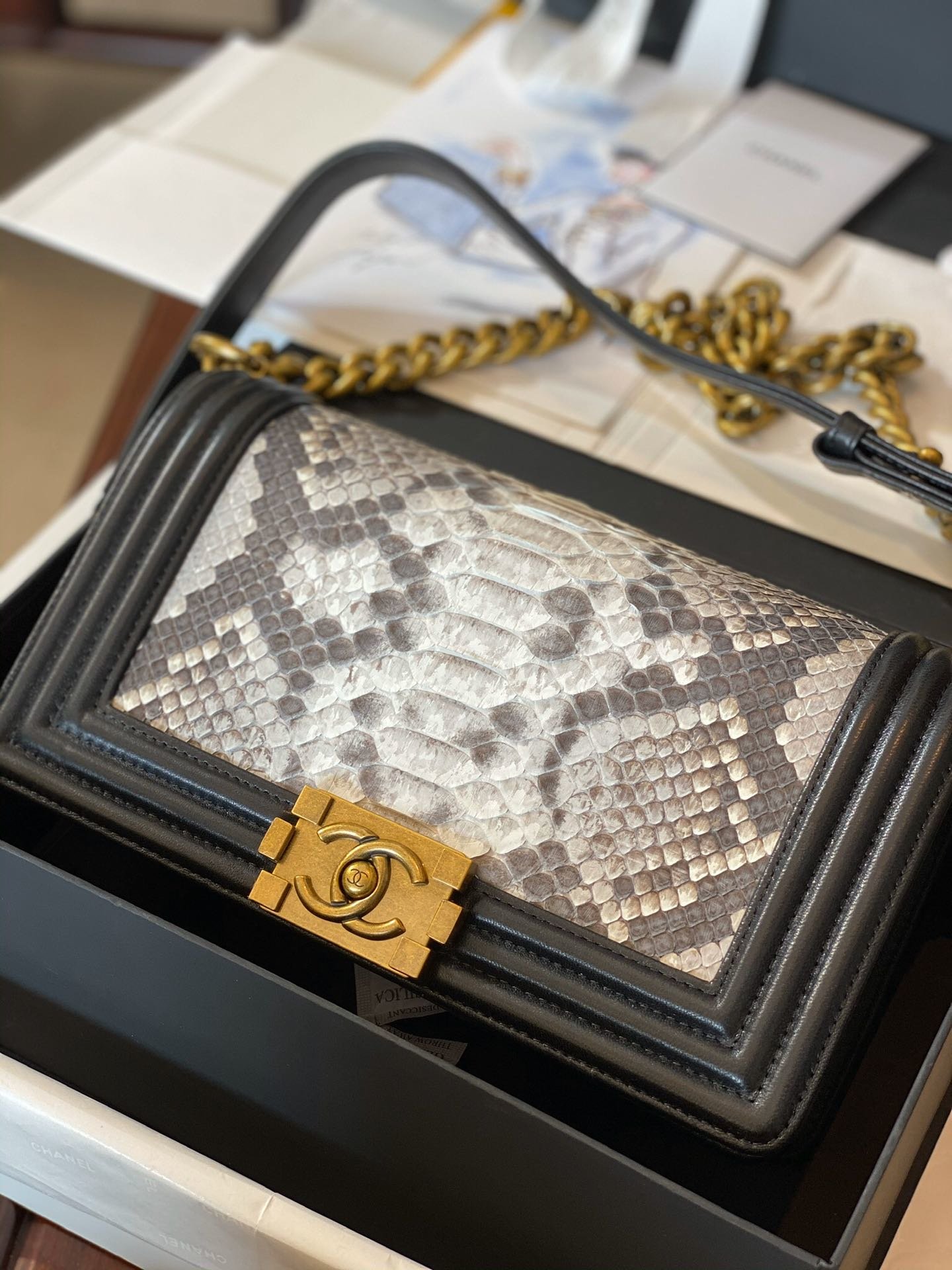  Replica Boy Chanel Bag South African Python Skin with Imported Sheepskin Gold-Tone Metal 001