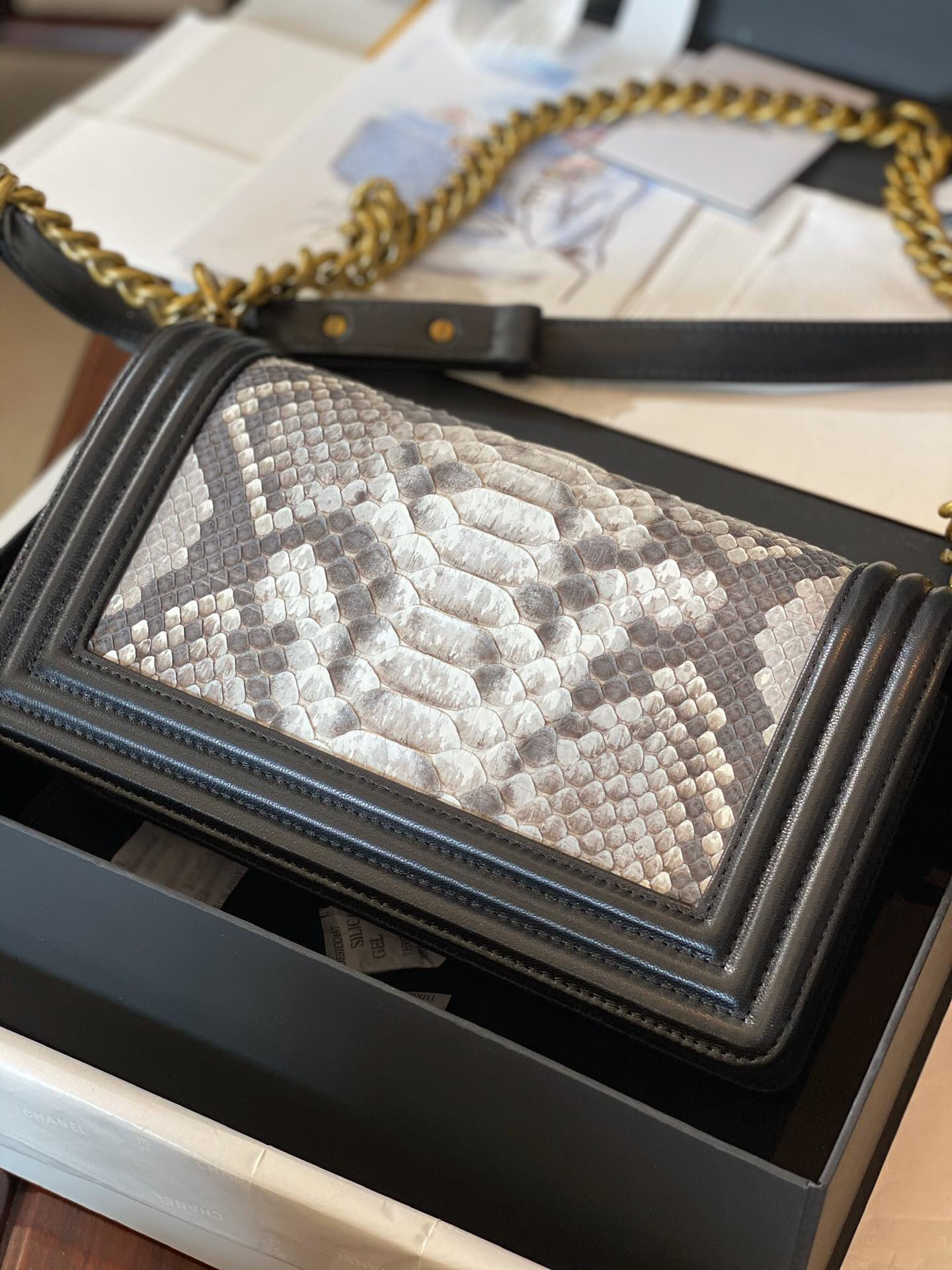  Replica Boy Chanel Bag South African Python Skin with Imported Sheepskin Gold-Tone Metal 001