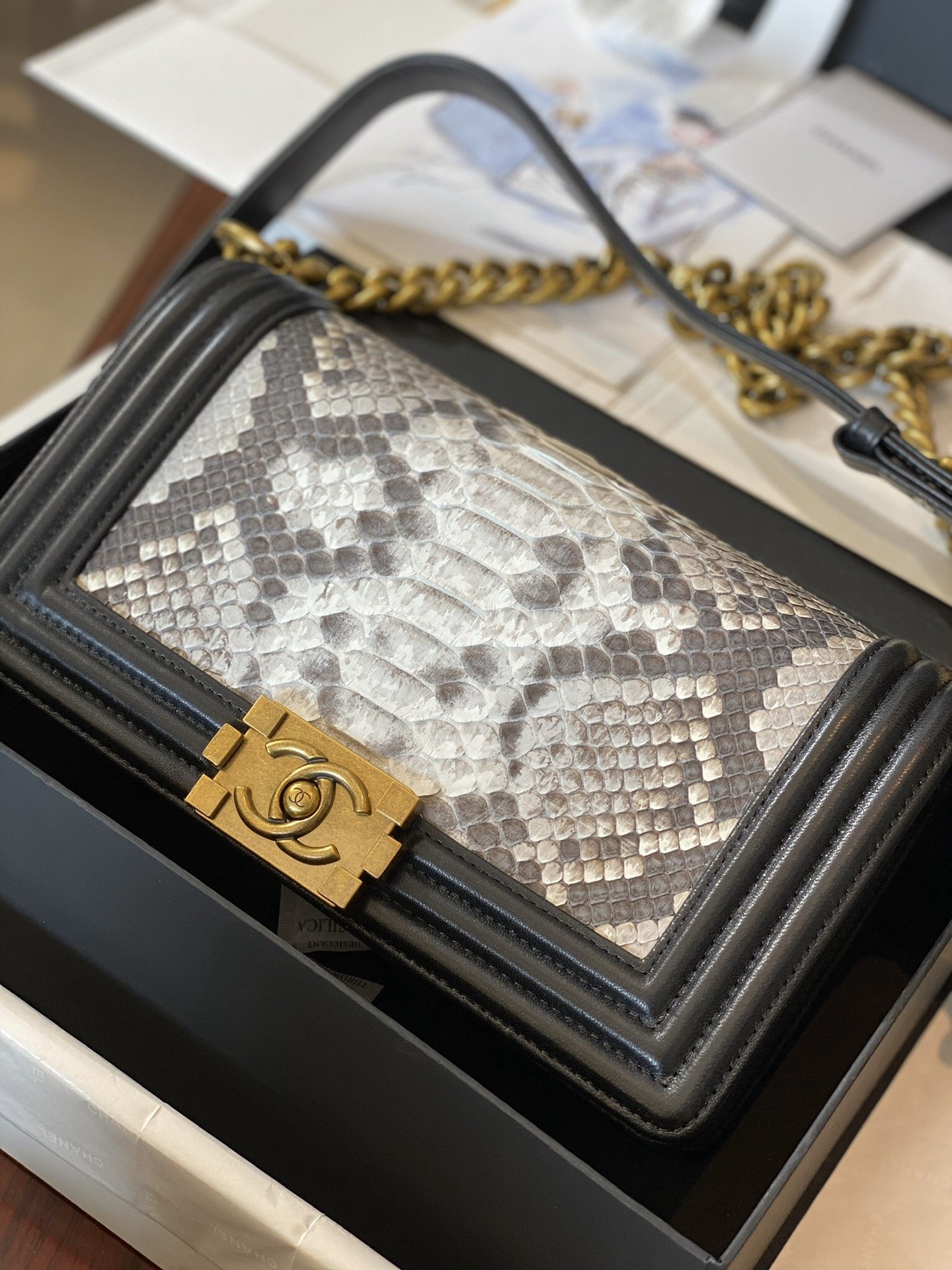  Replica Boy Chanel Bag South African Python Skin with Imported Sheepskin Gold-Tone Metal 001