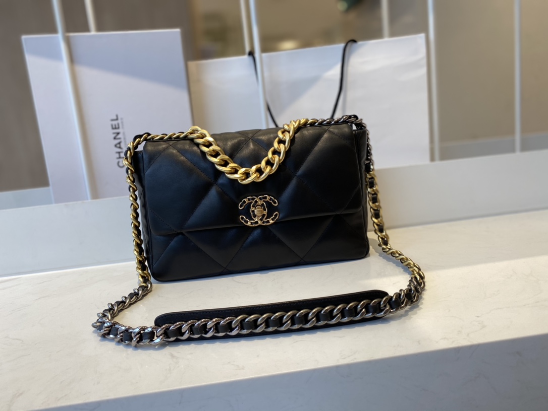 2021 Classic Chanel 19 Flap Bag 30cm Goatskin in Black Price Online Replica