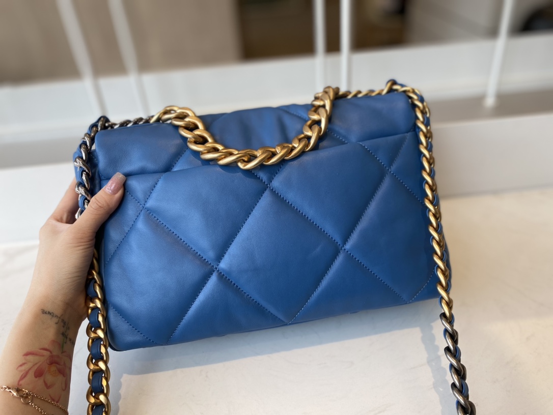 2021 Classic Chanel 19 Flap Bag 30cm Goatskin in Blue Price Online Replica