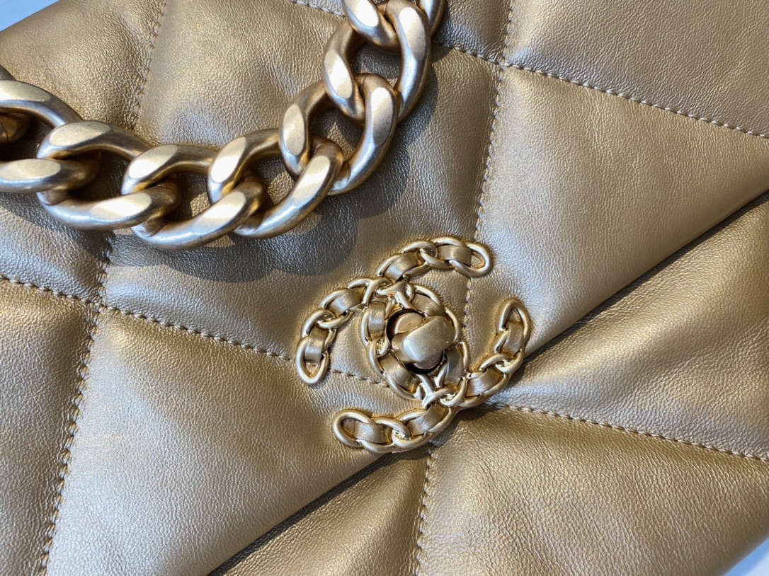 2021 Classic Chanel 19 Flap Bag 30cm Goatskin in Gold Price Online Replica