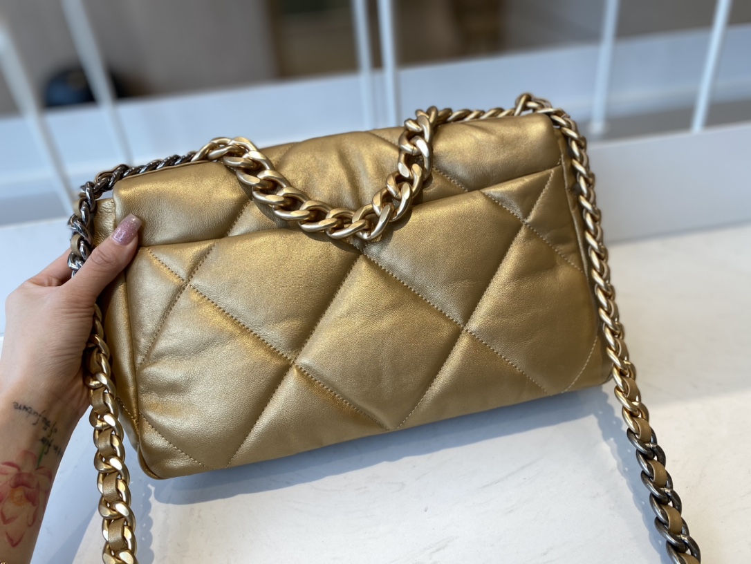 2021 Classic Chanel 19 Flap Bag 30cm Goatskin in Gold Price Online Replica