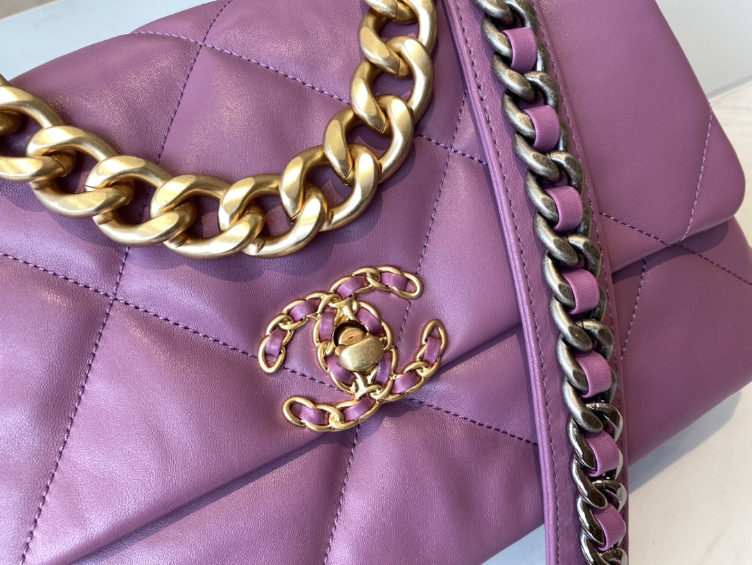 2021 Classic Chanel 19 Flap Bag 30cm Goatskin in Purple Price Online Replica