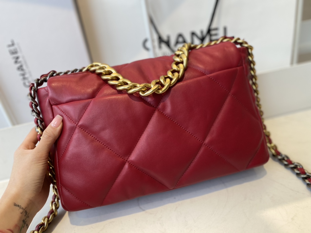 2021 Classic Chanel 19 Flap Bag 30cm Goatskin in Red Price Online Replica