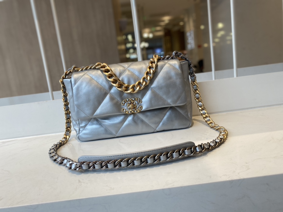 2021 Classic Chanel 19 Flap Bag 30cm Goatskin in Sliver Price Online Replica