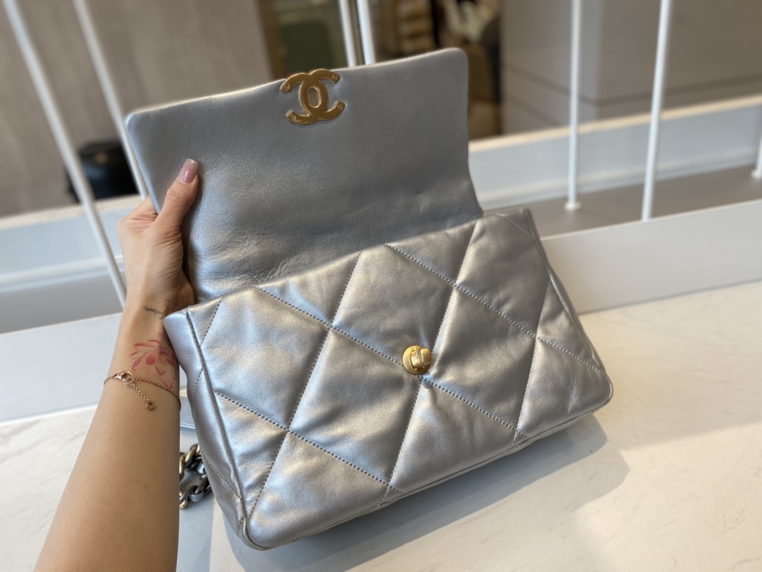 2021 Classic Chanel 19 Flap Bag 30cm Goatskin in Sliver Price Online Replica