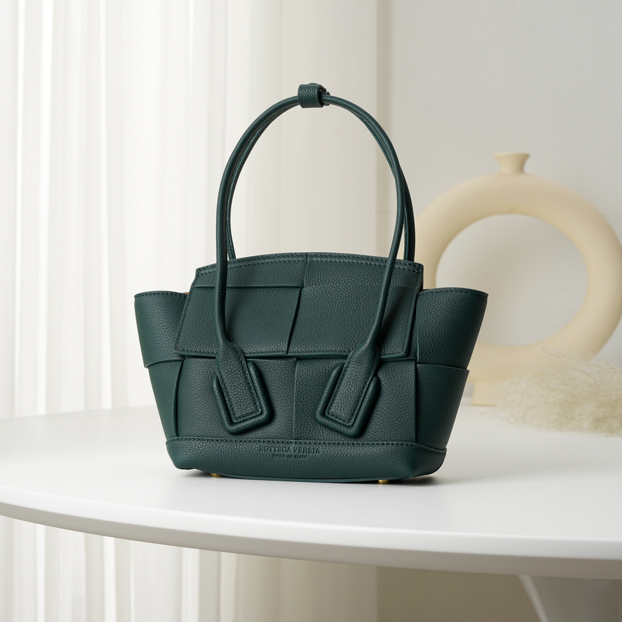 2021 Latest Bottega Veneta Dark Green Mini Intrecciato Arco Tote Ntrecciato-Woven Grained Goatskin