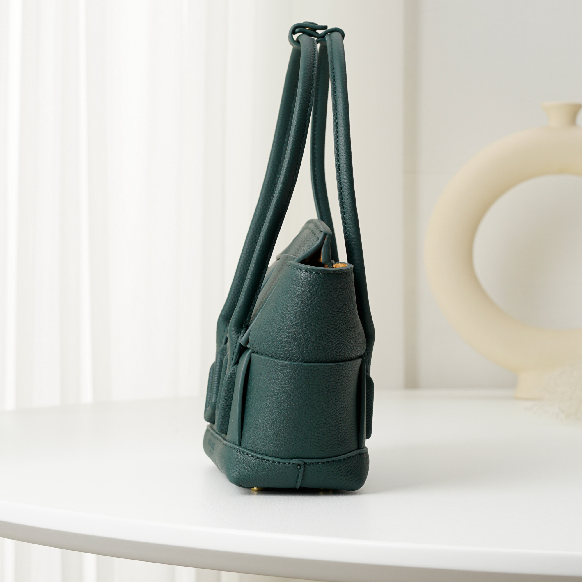 2021 Latest Bottega Veneta Dark Green Mini Intrecciato Arco Tote Ntrecciato-Woven Grained Goatskin