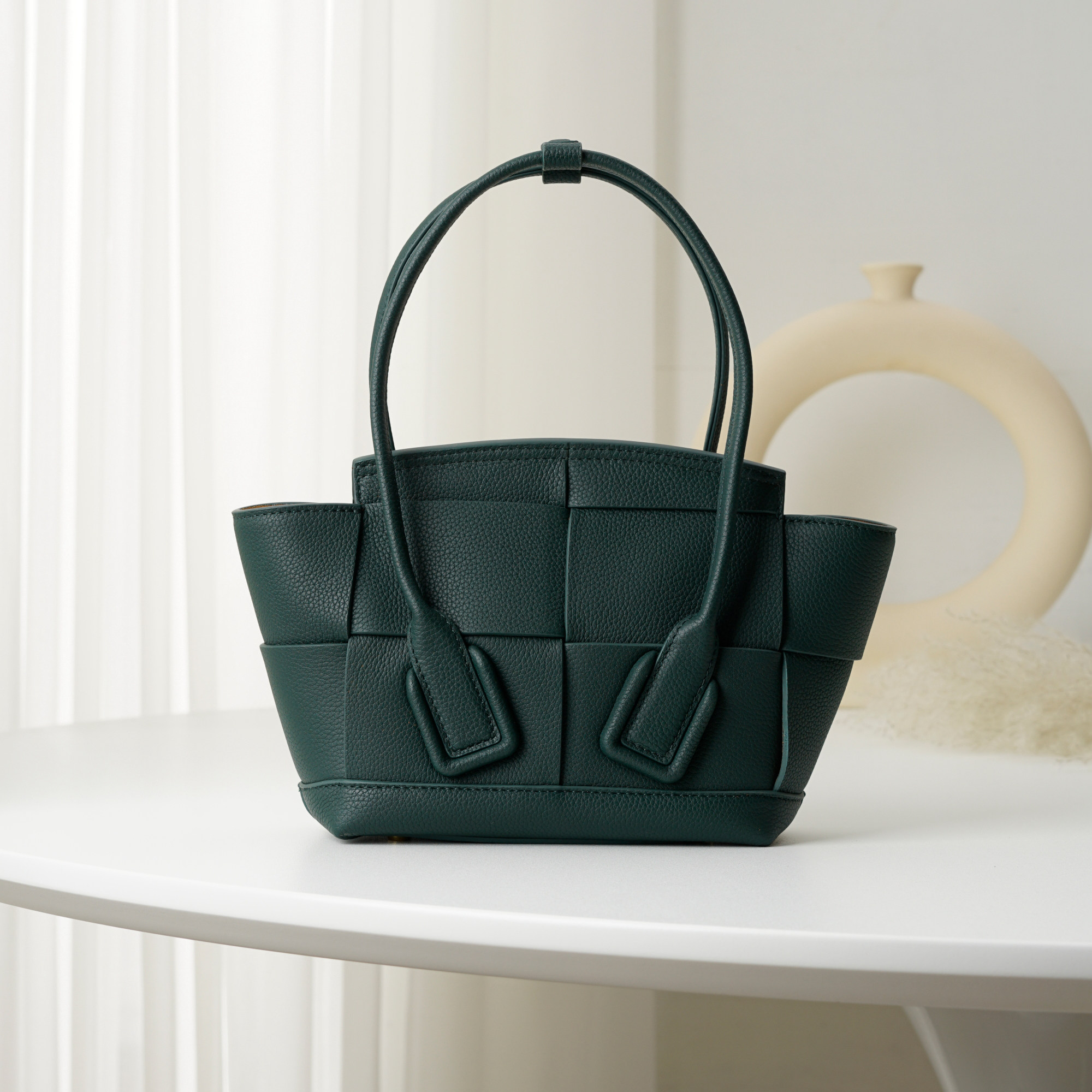 2021 Latest Bottega Veneta Dark Green Mini Intrecciato Arco Tote Ntrecciato-Woven Grained Goatskin