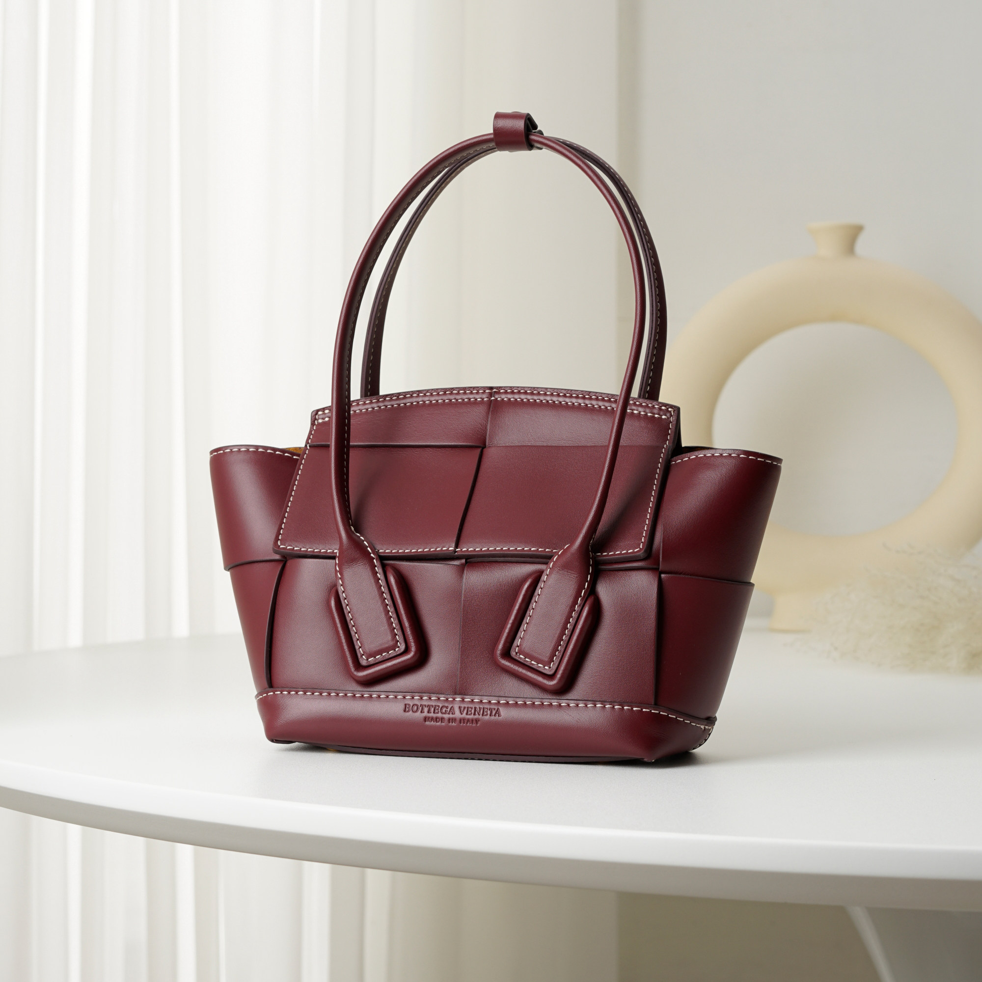 2021 Latest Bottega Veneta Red Wine Mini Intrecciato Arco Tote Ntrecciato-Woven Grained Goatskin