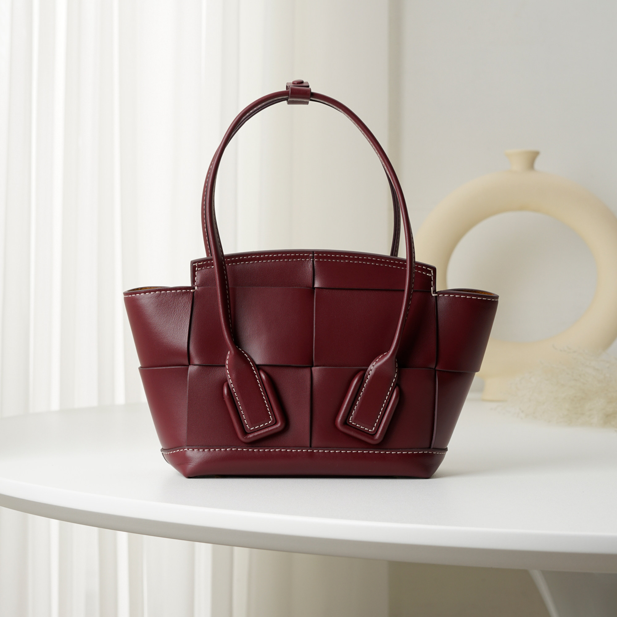 2021 Latest Bottega Veneta Red Wine Mini Intrecciato Arco Tote Ntrecciato-Woven Grained Goatskin