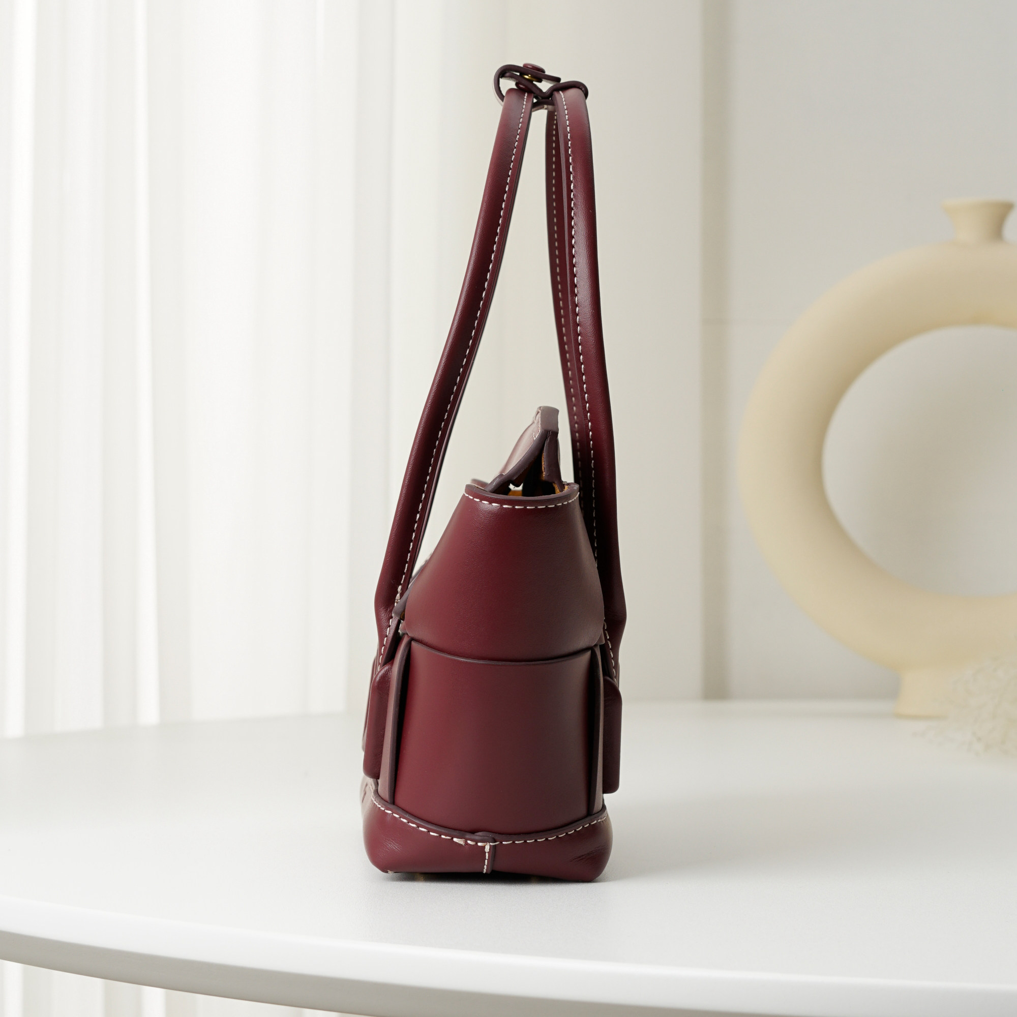 2021 Latest Bottega Veneta Red Wine Mini Intrecciato Arco Tote Ntrecciato-Woven Grained Goatskin