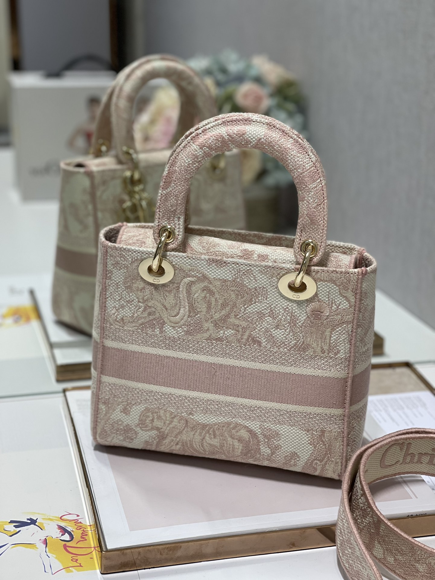 2021 Limited Edition Replica Dior 24cm Medium Lady D-Lite Oblique Embroidery Bag For Sale Pink