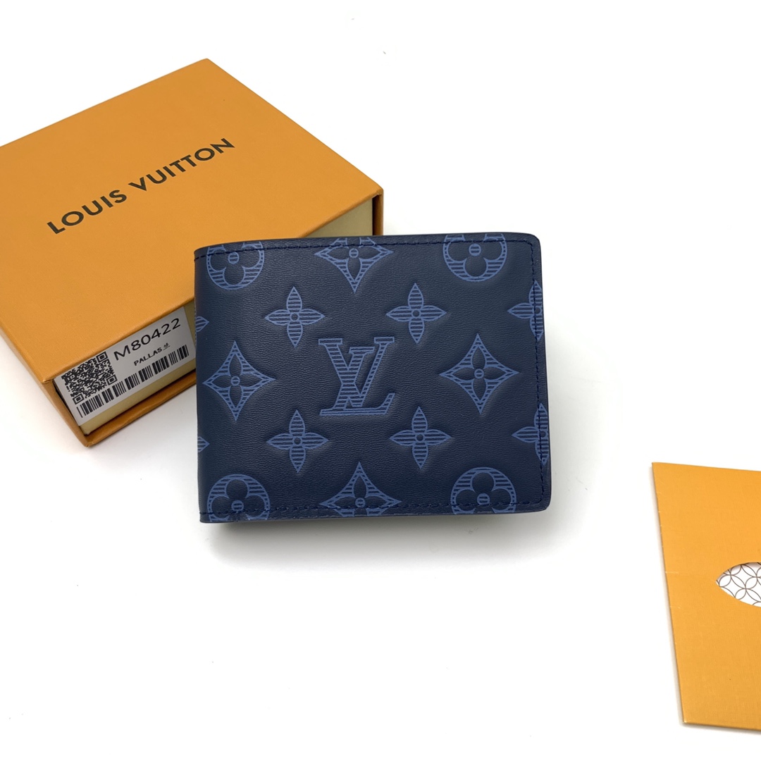 2021 New Replica Louis Vuitton 80422 Navy Blue Monogram Cowhide Leather Wallet