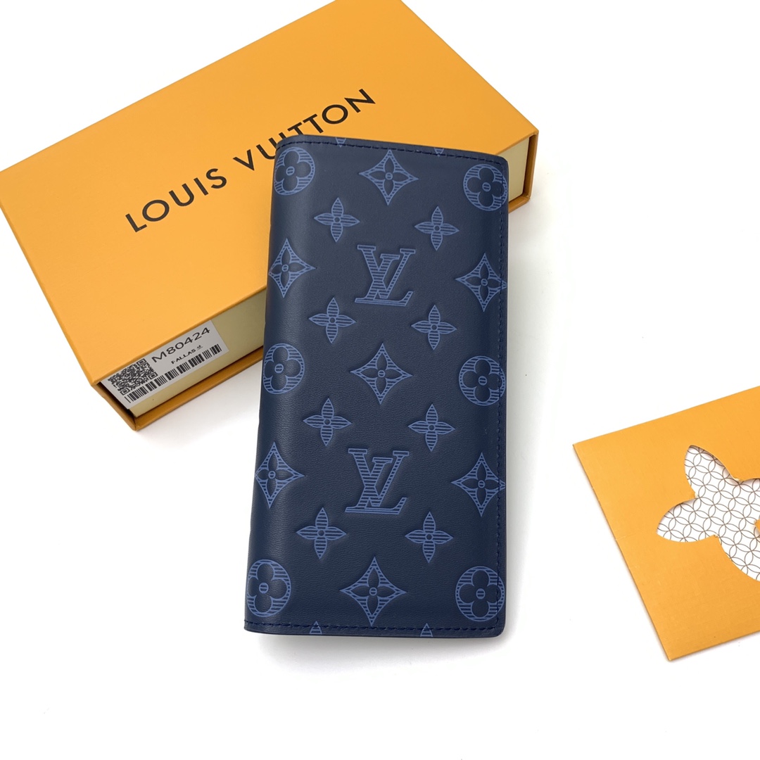 2021 New Replica Louis Vuitton M80424 Navy Blue Monogram Cowhide Leather Brazza Wallet