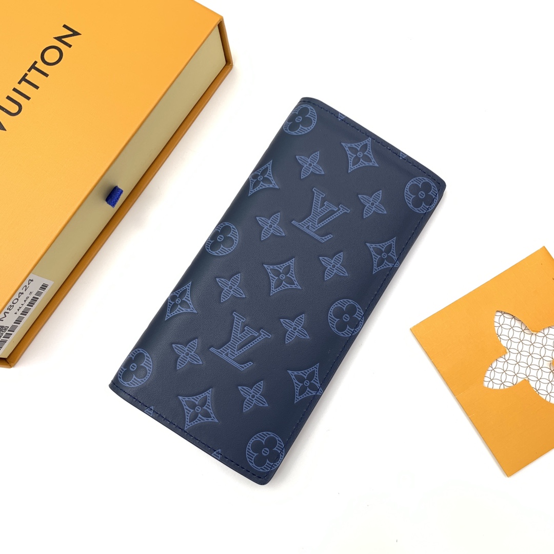 2021 New Replica Louis Vuitton M80424 Navy Blue Monogram Cowhide Leather Brazza Wallet