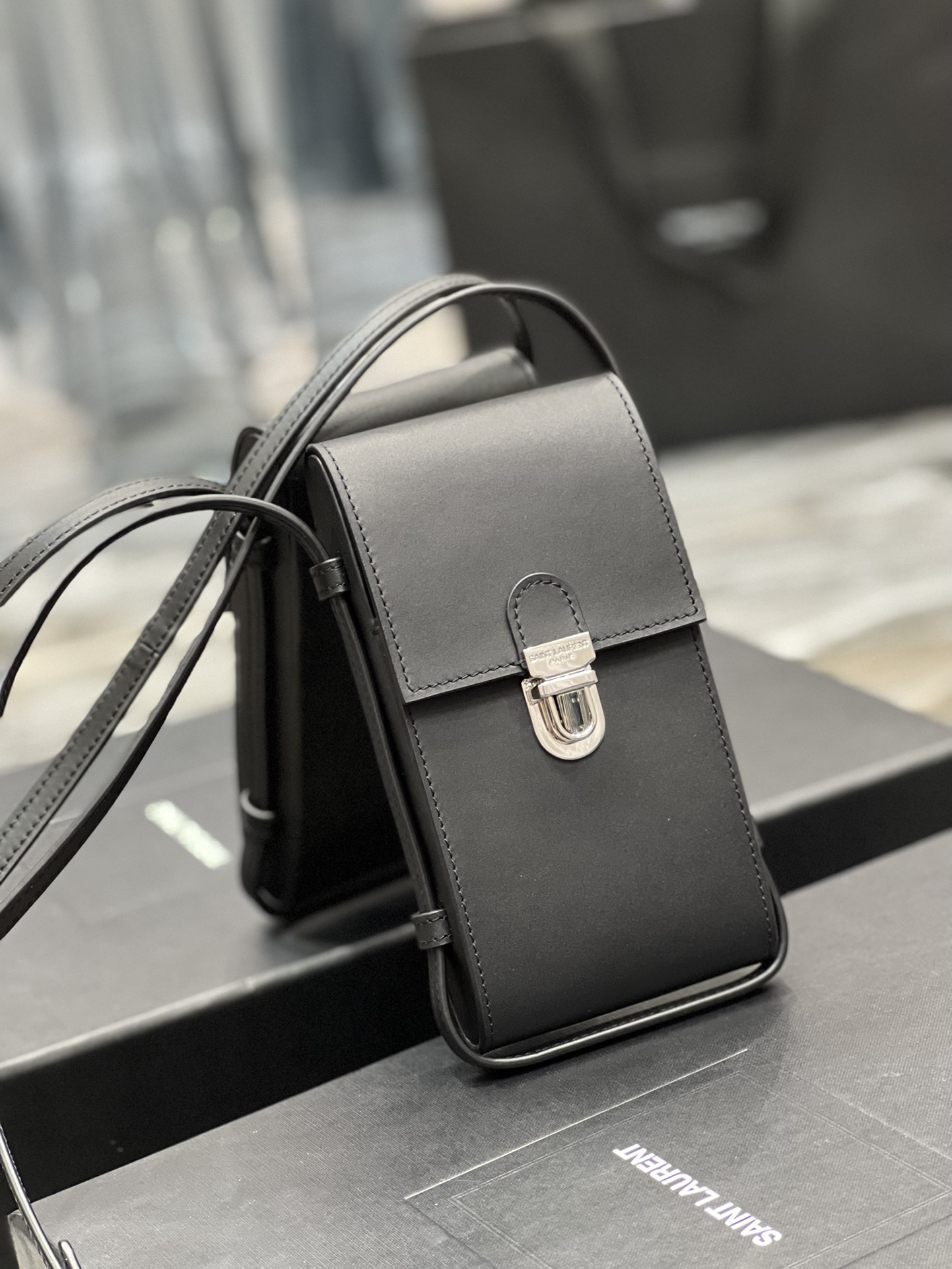 2021 New Style Copy Saint Laurent Leather Phone Holder Small Bag Black In UK