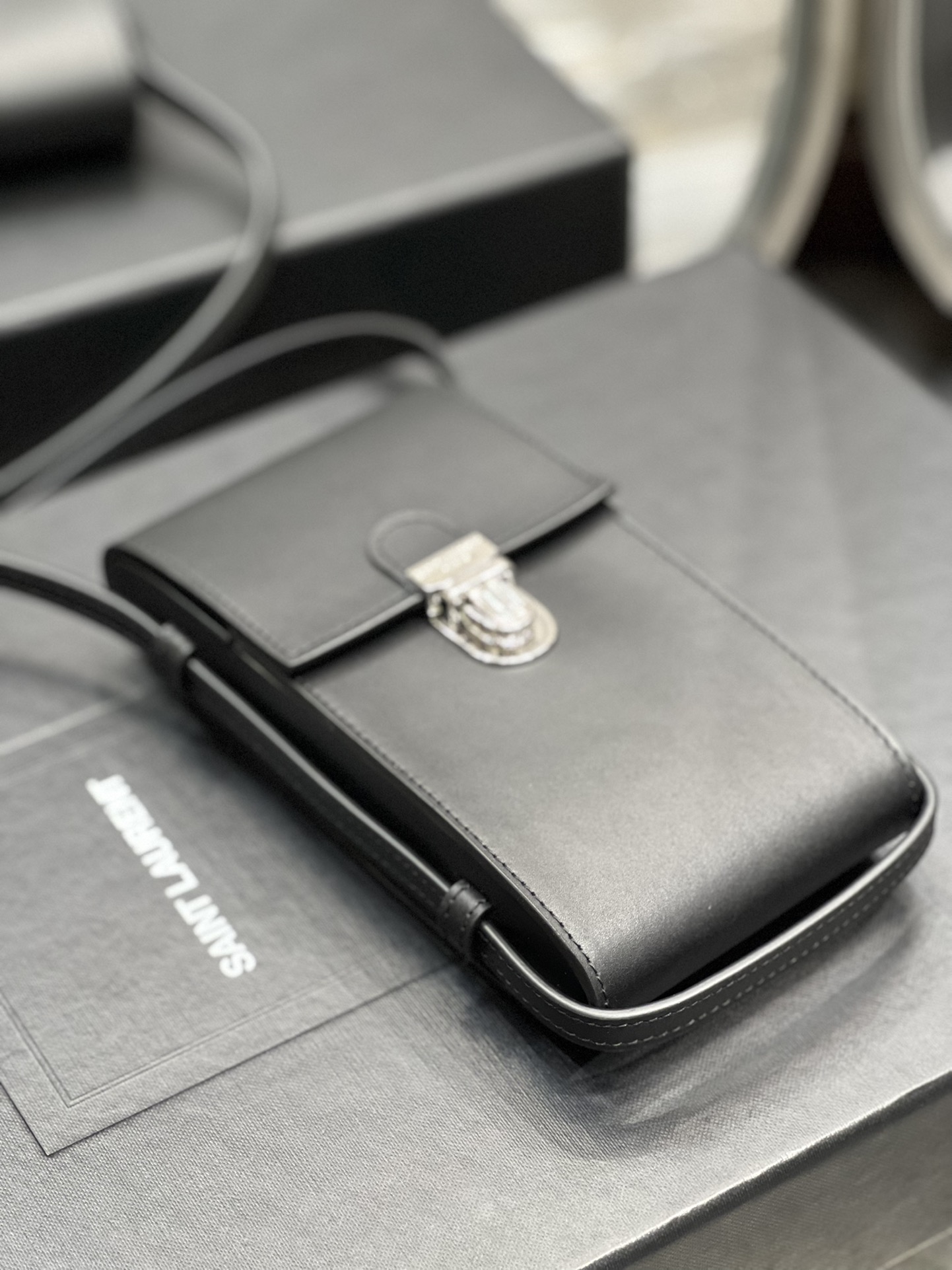 2021 New Style Copy Saint Laurent Leather Phone Holder Small Bag Black In UK