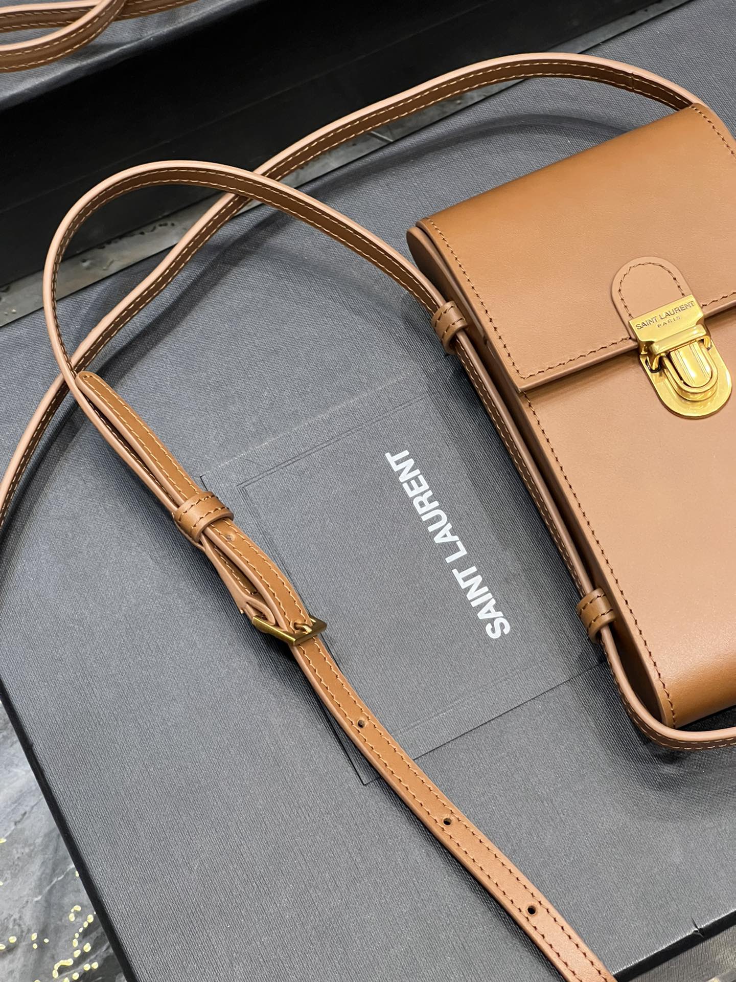 2021 New Style Copy Saint Laurent Leather Phone Holder Small Bag Brown In UK