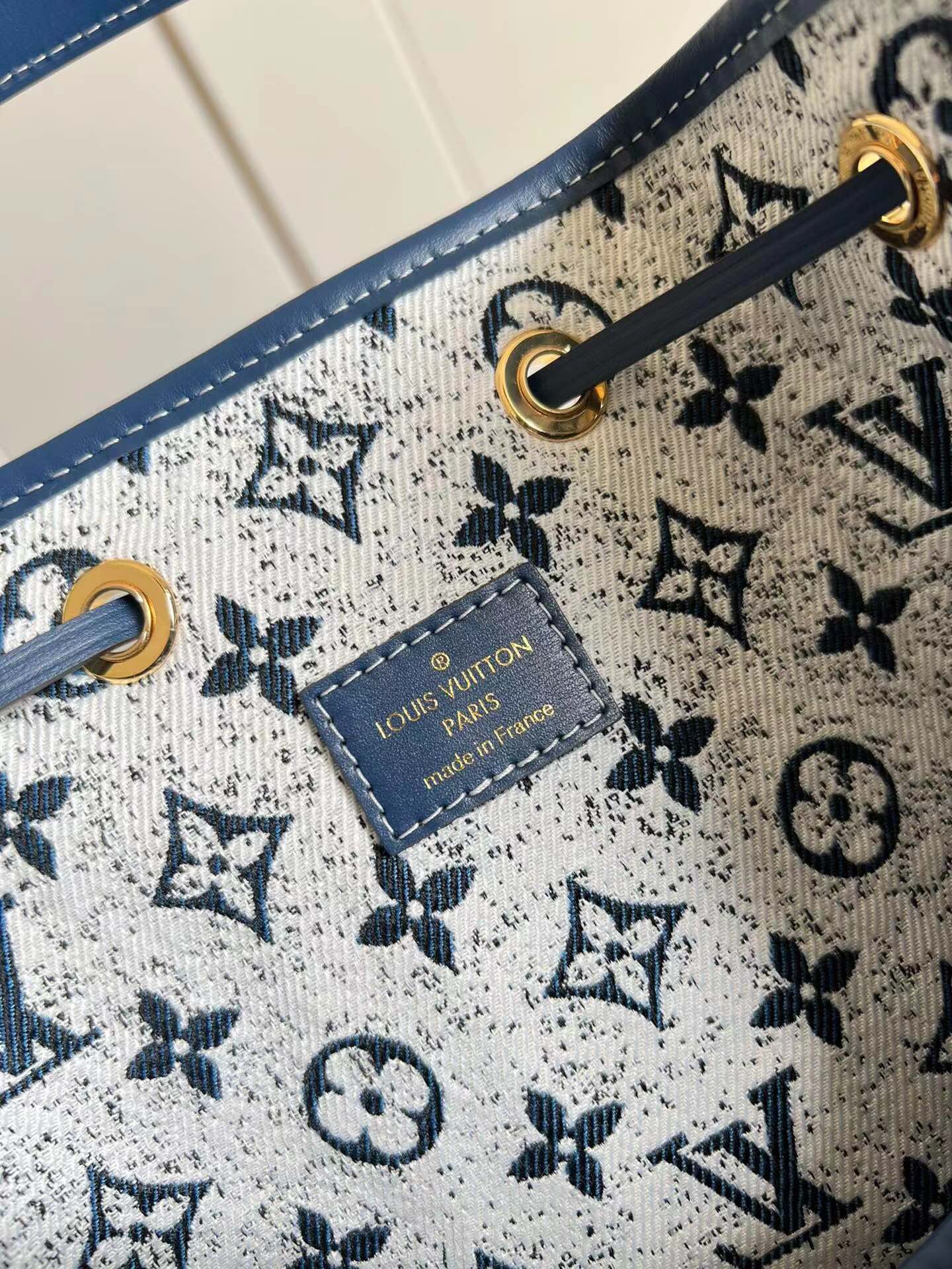 2022 Louis Vuitton Petit Noe Buckle Bag Denim Jacquard Textile Navy Blue M59606