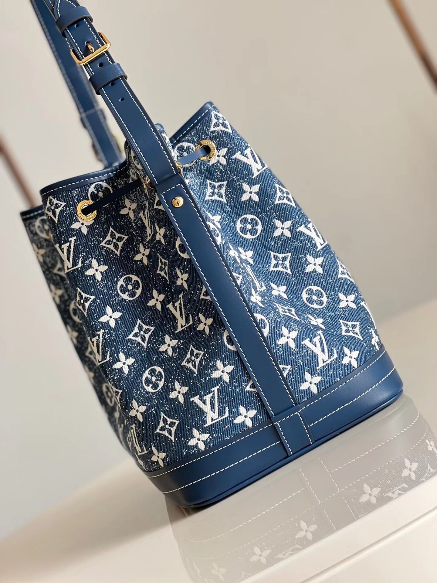 2022 Louis Vuitton Petit Noe Buckle Bag Denim Jacquard Textile Navy Blue M59606