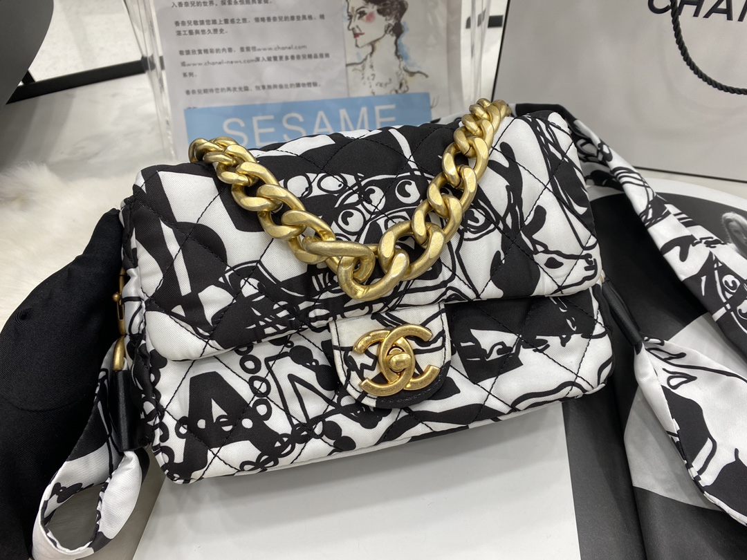 2022 New Replica Chanel Mini Flap Bag Printed Fabric  Gold-Tone Metal Gray Black AS3004