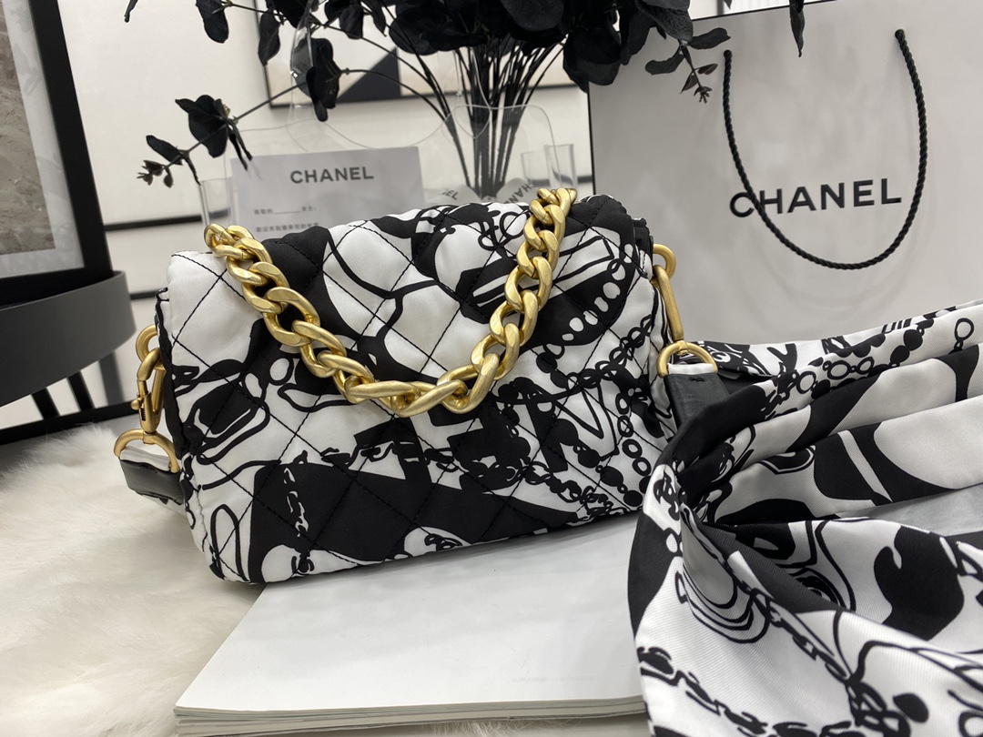 2022 New Replica Chanel Mini Flap Bag Printed Fabric  Gold-Tone Metal Gray Black AS3004