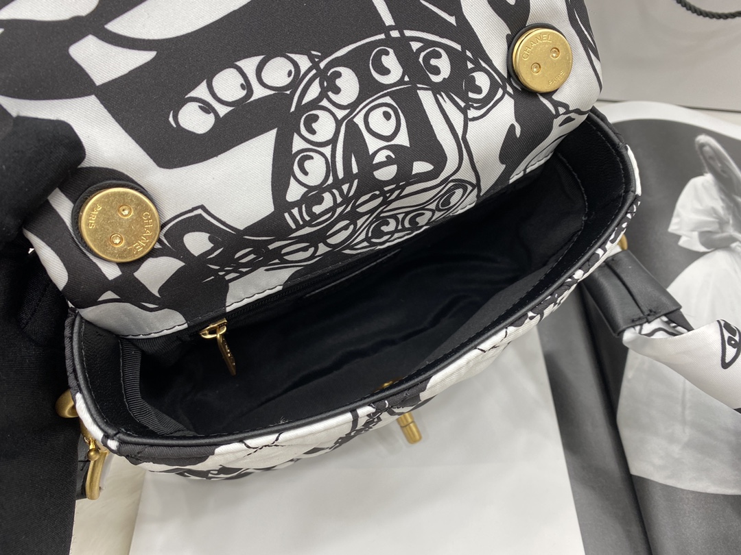 2022 New Replica Chanel Mini Flap Bag Printed Fabric  Gold-Tone Metal Gray Black AS3004