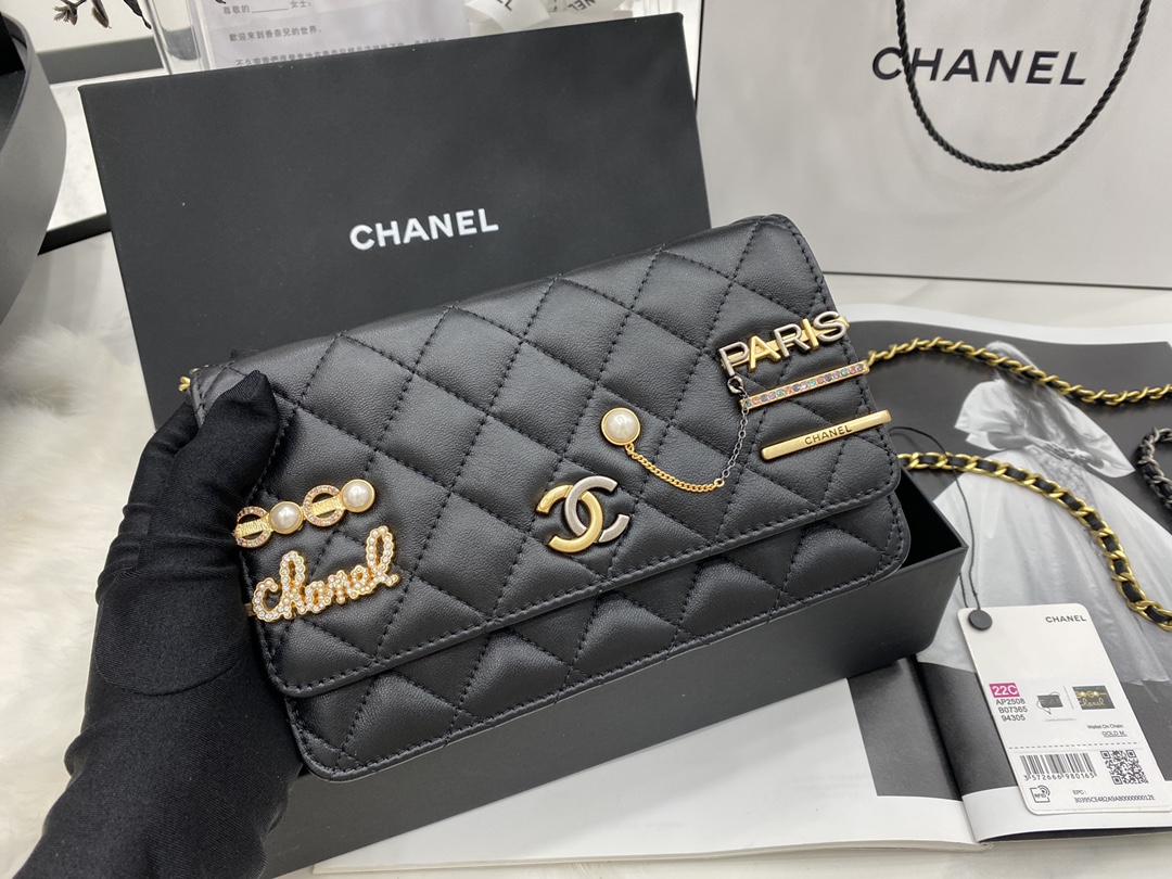 2022 New Replica Chanel Wallet on Chain Lambskin Glass Pearls Imitation Pearls Strass Gold Silver Ruthenium Finish Metal Black AP2508