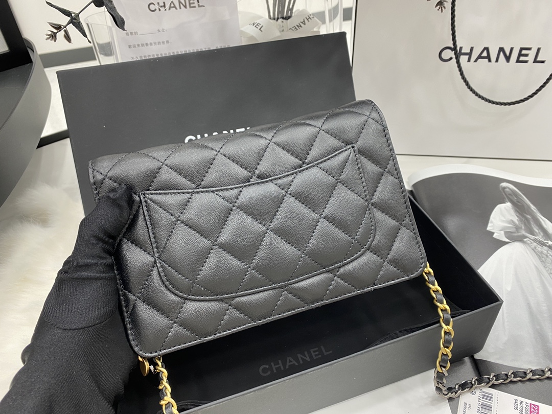 2022 New Replica Chanel Wallet on Chain Lambskin Glass Pearls Imitation Pearls Strass Gold Silver Ruthenium Finish Metal Black AP2508