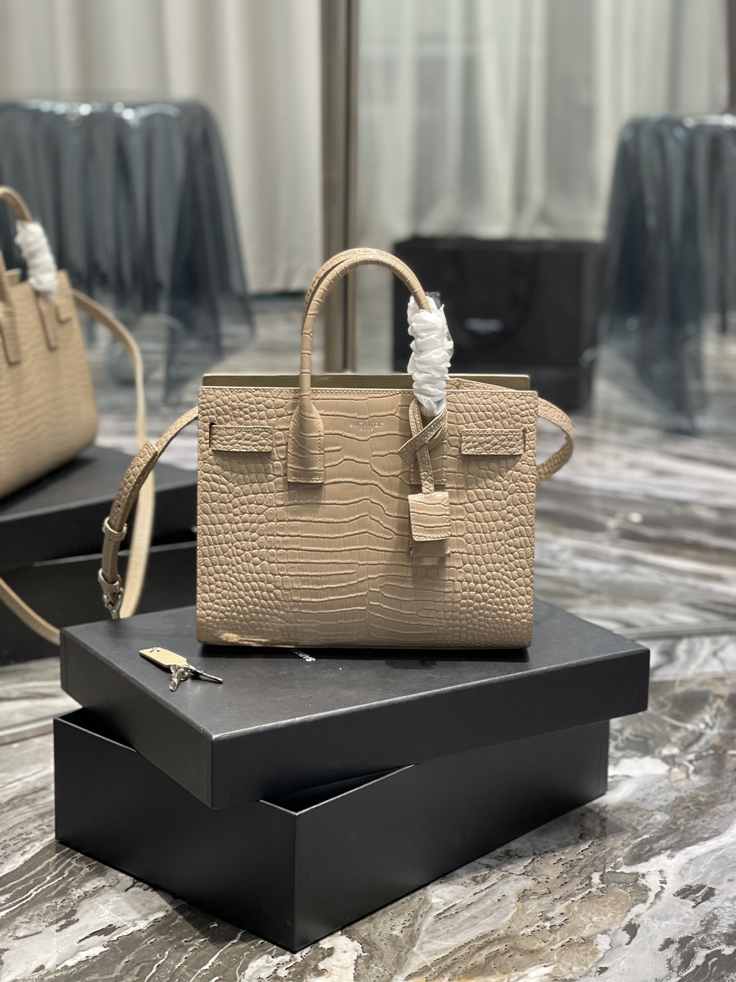 2022 New Saint Laurent 26cm Classics Sac de jour Nano in Embossed Crocodile Shiny Leather Price Online Replica