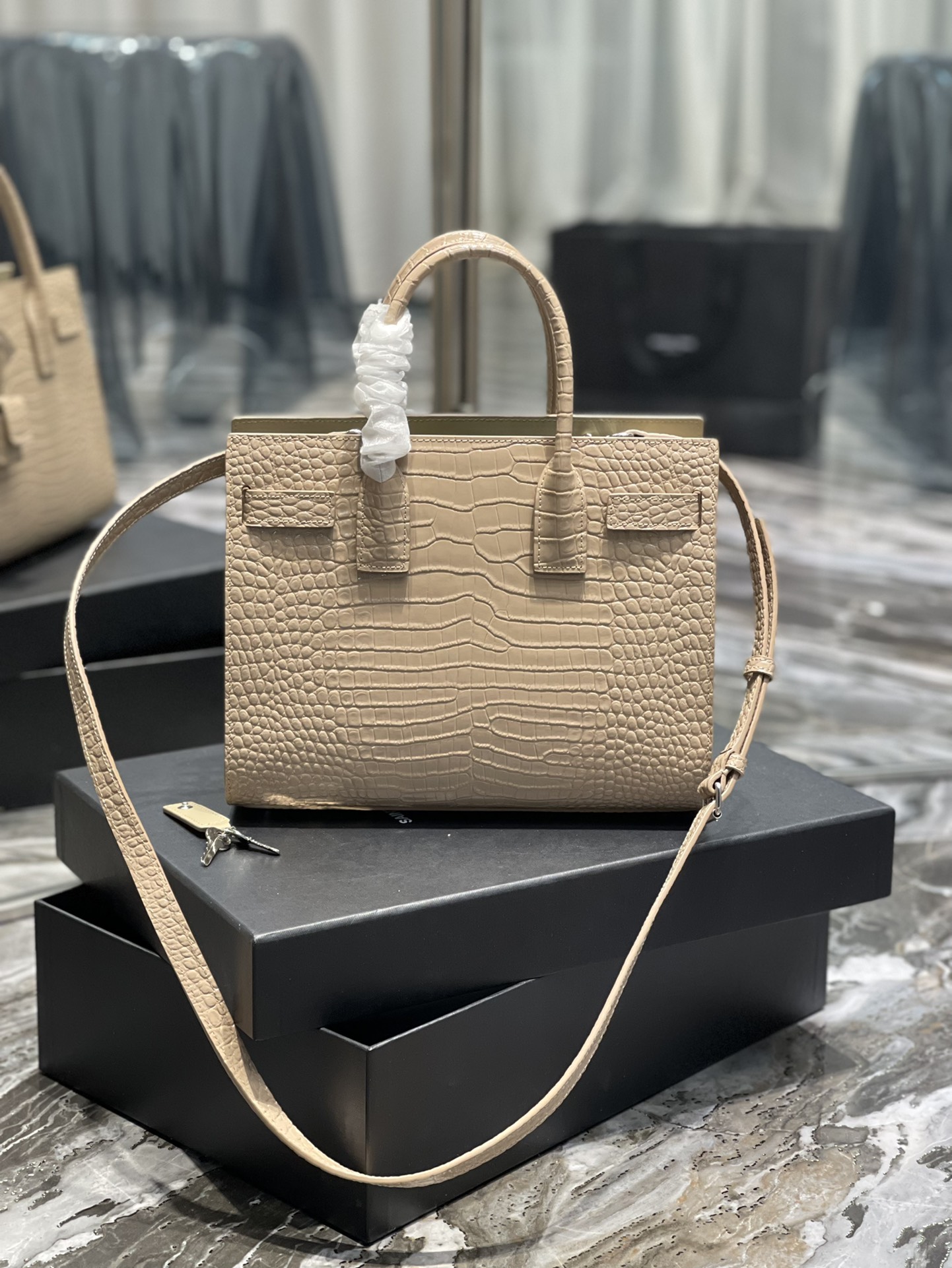 2022 New Saint Laurent 26cm Classics Sac de jour Nano in Embossed Crocodile Shiny Leather Price Online Replica