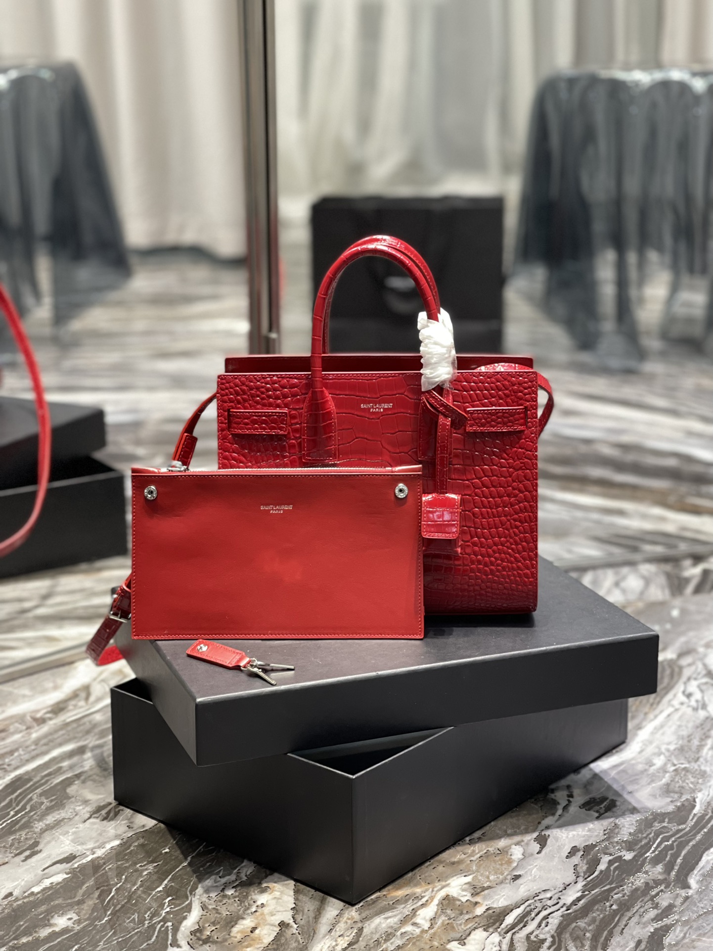 2022 New Saint Laurent 26cm Classics Sac de jour Nano in Embossed Crocodile Shiny Leather Red Price Online Replica 