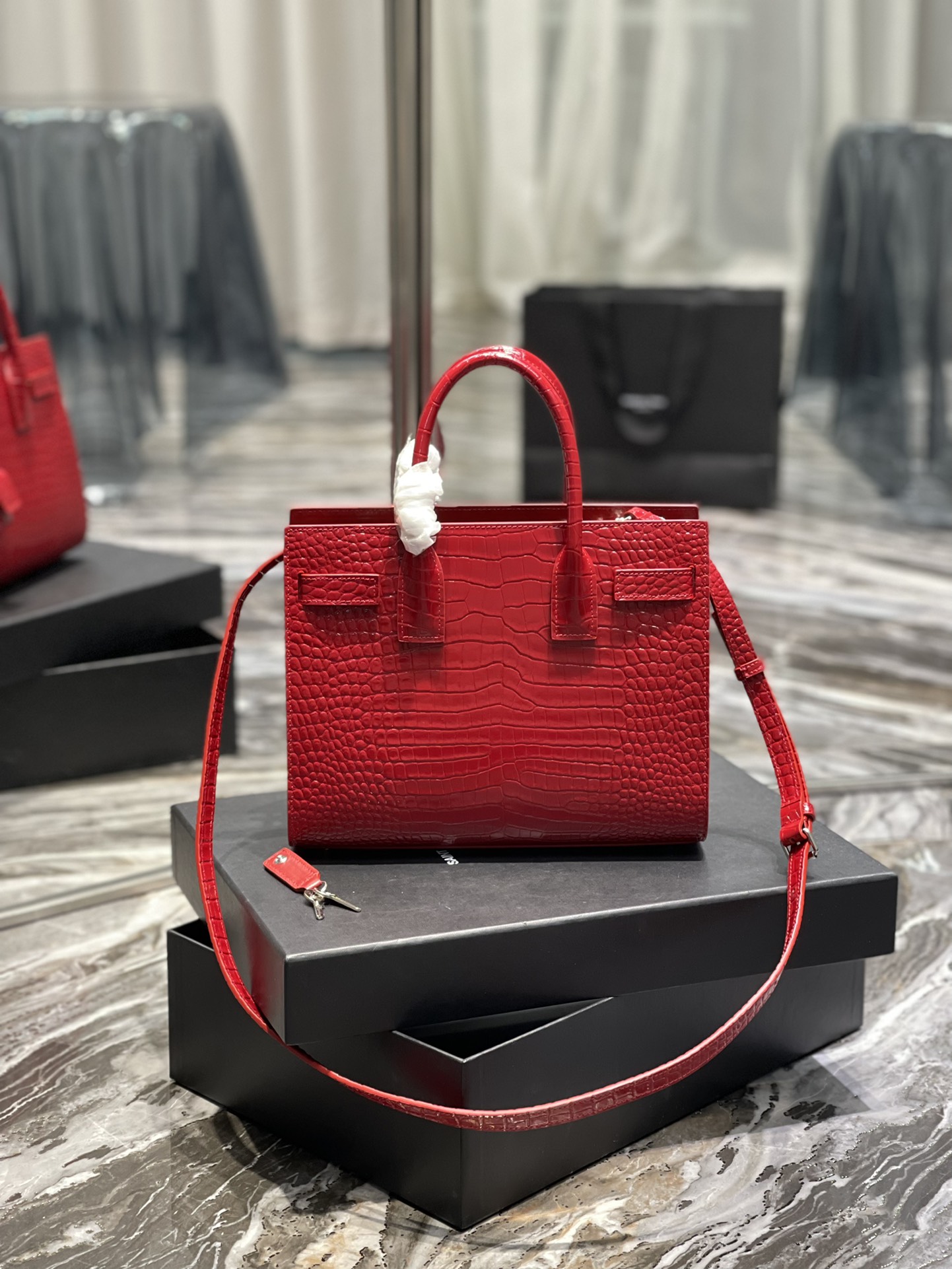 2022 New Saint Laurent 26cm Classics Sac de jour Nano in Embossed Crocodile Shiny Leather Red Price Online Replica 