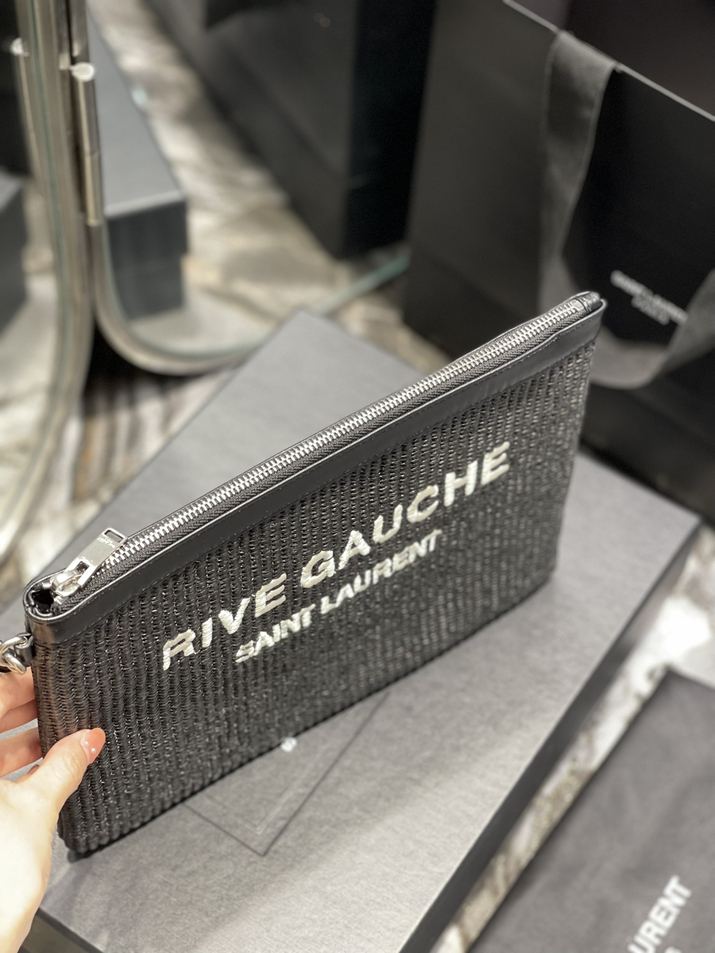 2022 New Saint Laurent Rive Gauche Zipper Pouch Textured Raffia Black Copy