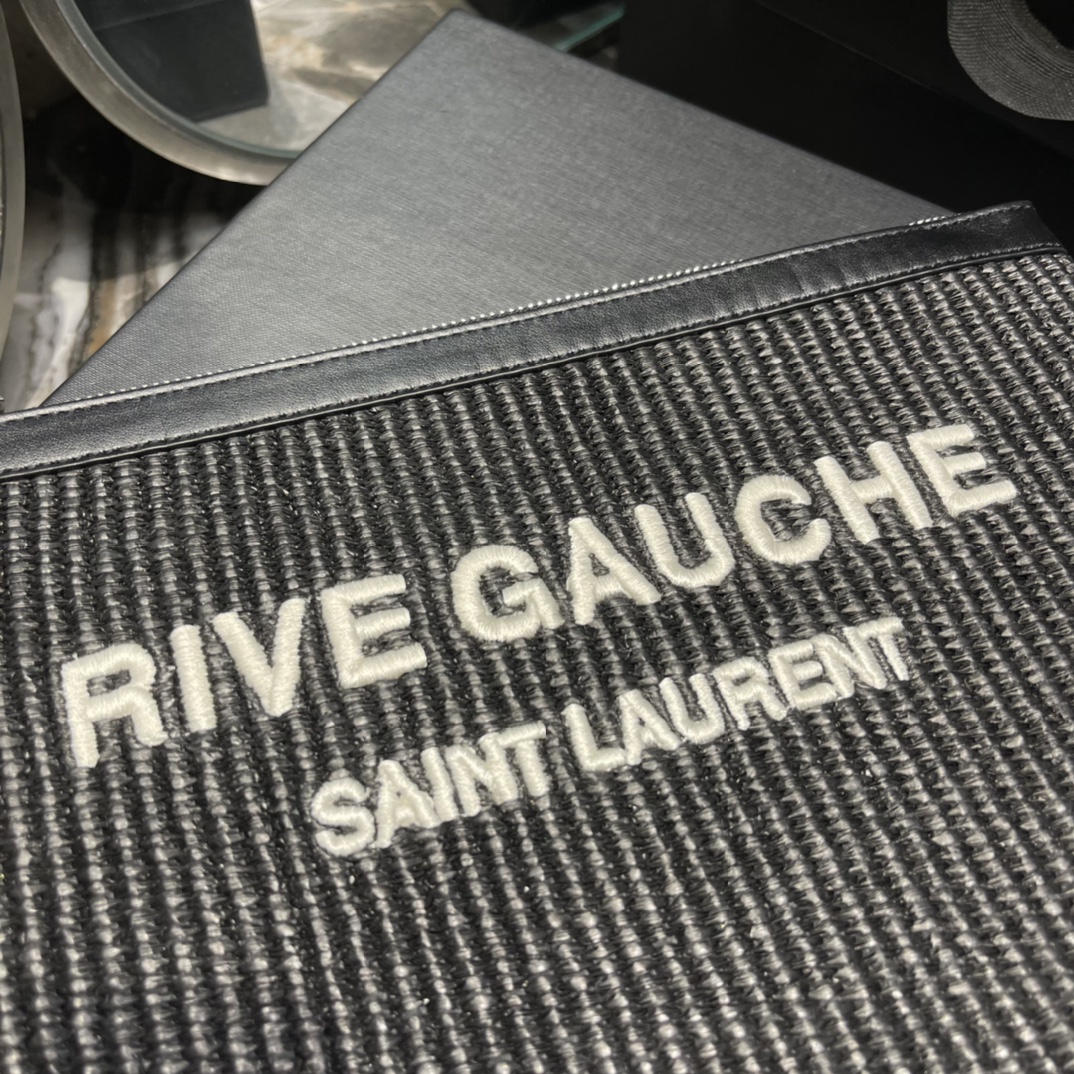 2022 New Saint Laurent Rive Gauche Zipper Pouch Textured Raffia Black Copy