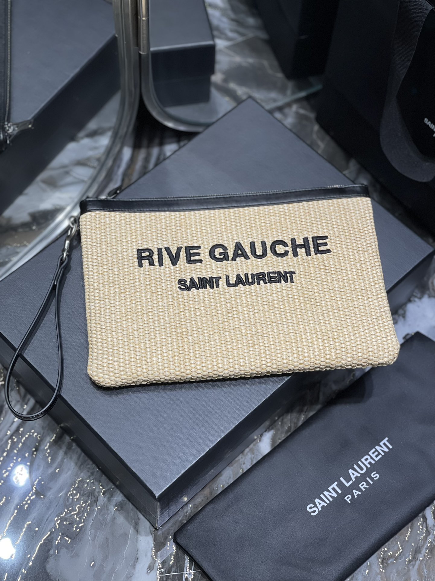 2022 New Saint Laurent Rive Gauche Zipper Pouch Textured Raffia White Copy