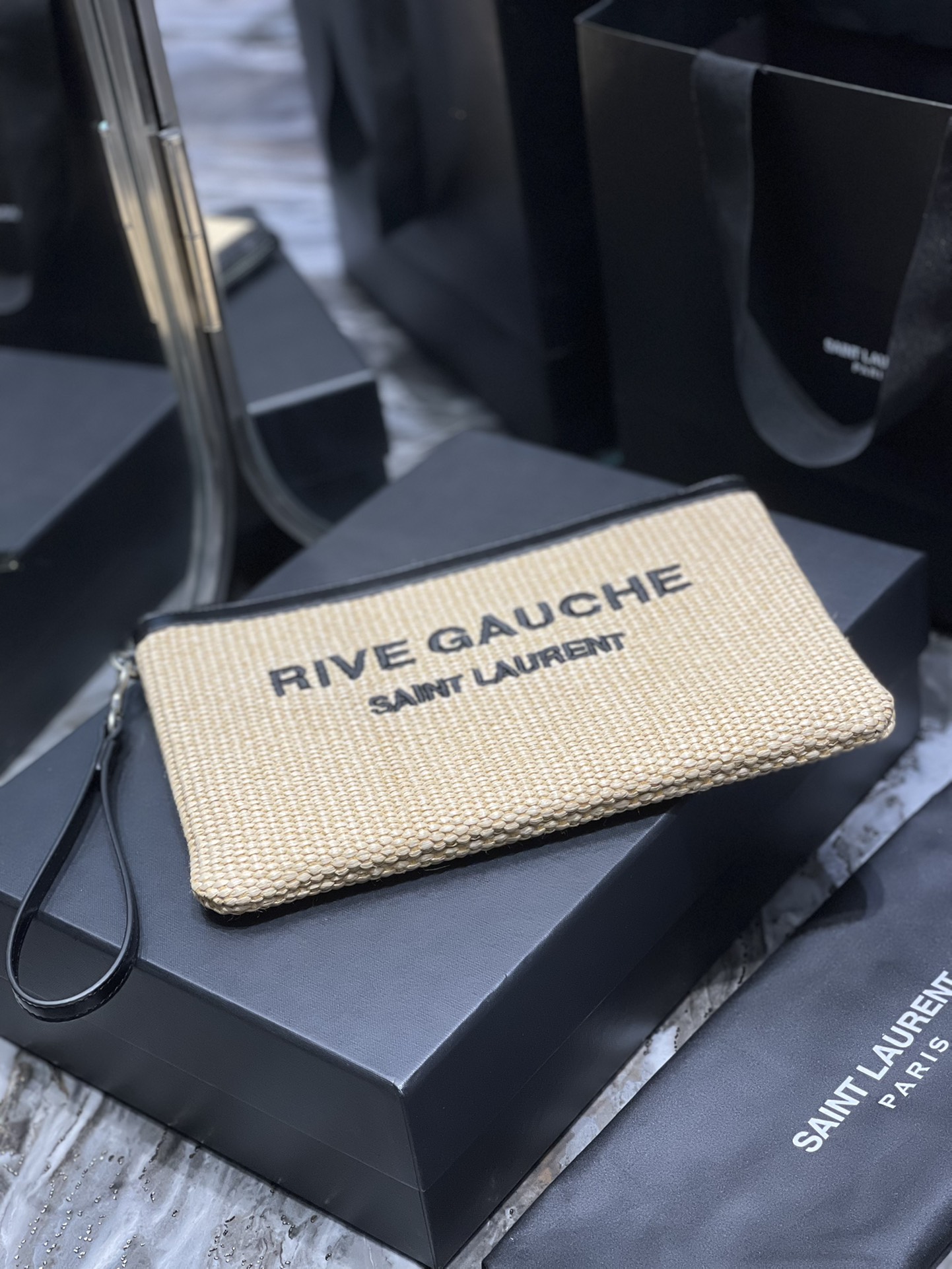 2022 New Saint Laurent Rive Gauche Zipper Pouch Textured Raffia White Copy