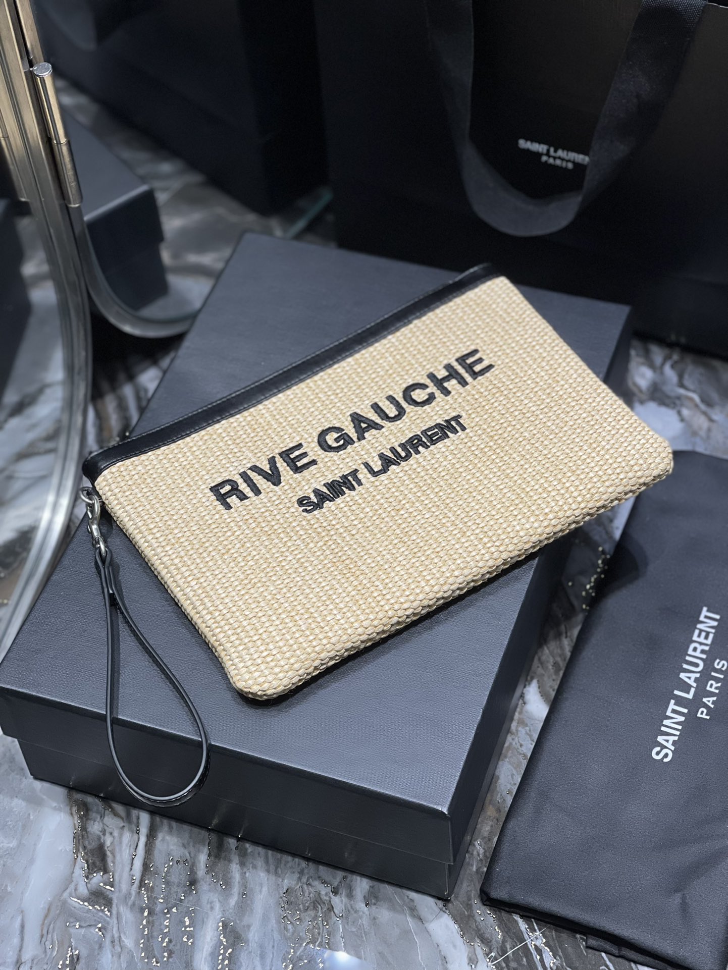 2022 New Saint Laurent Rive Gauche Zipper Pouch Textured Raffia White Copy