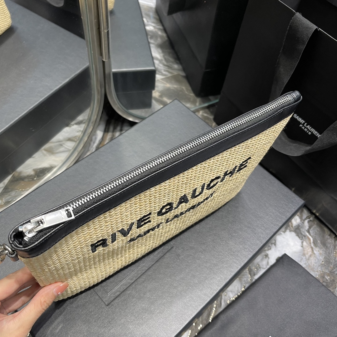 2022 New Saint Laurent Rive Gauche Zipper Pouch Textured Raffia White Copy