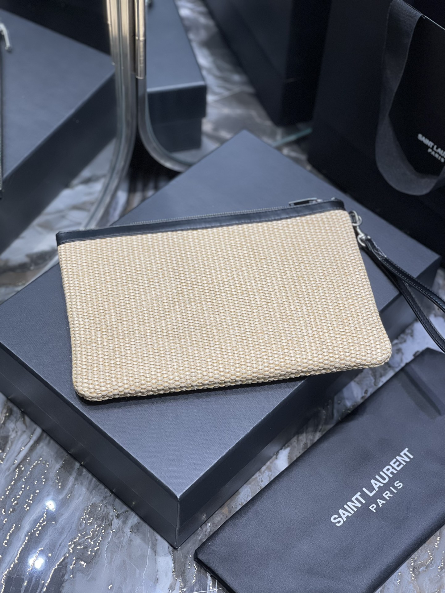 2022 New Saint Laurent Rive Gauche Zipper Pouch Textured Raffia White Copy