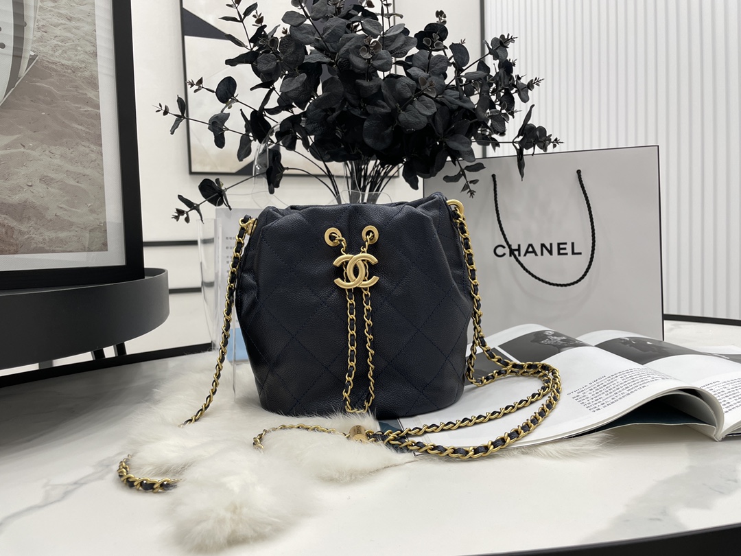 2022 New Style Chanel Bucket Bag Caviar Imitation Pearls and Gold-Tone Metal Black AS2859 Copy