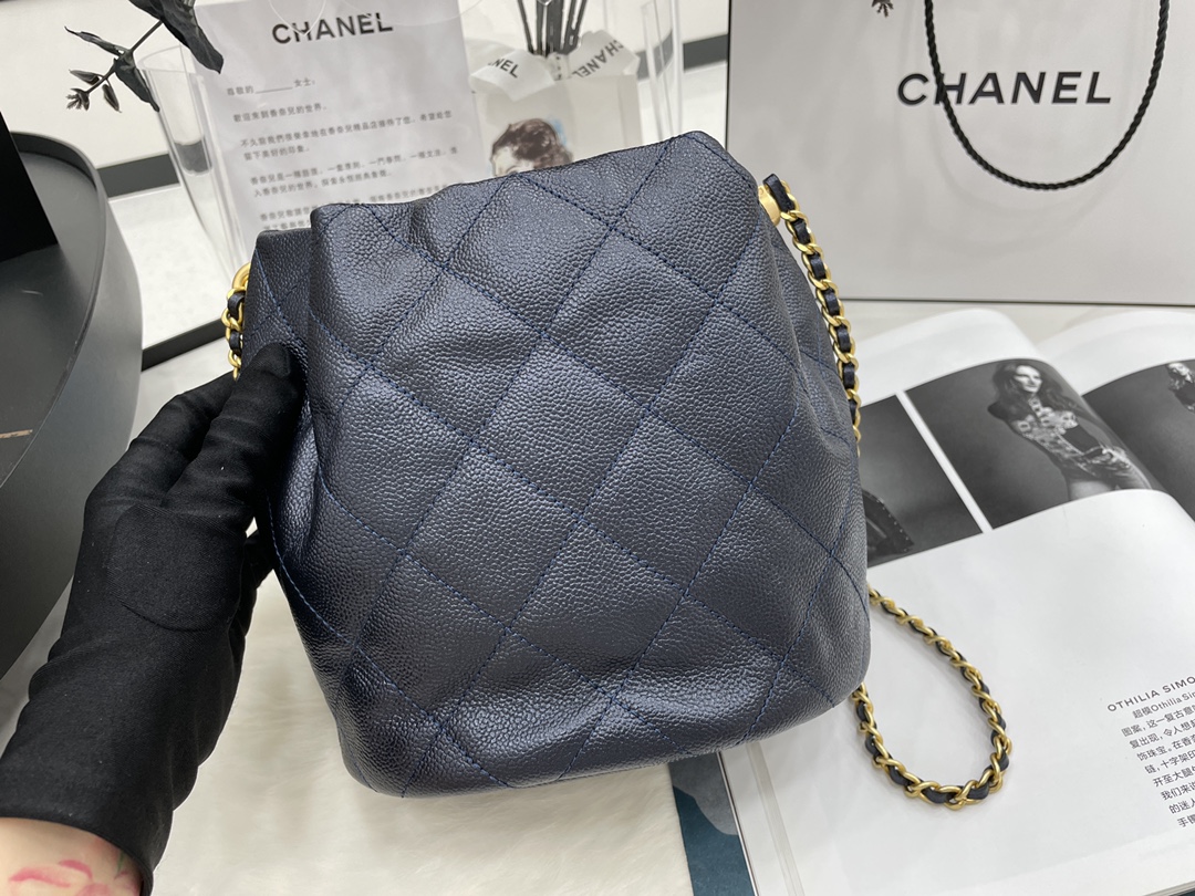 2022 New Style Chanel Bucket Bag Caviar Imitation Pearls and Gold-Tone Metal Black AS2859 Copy