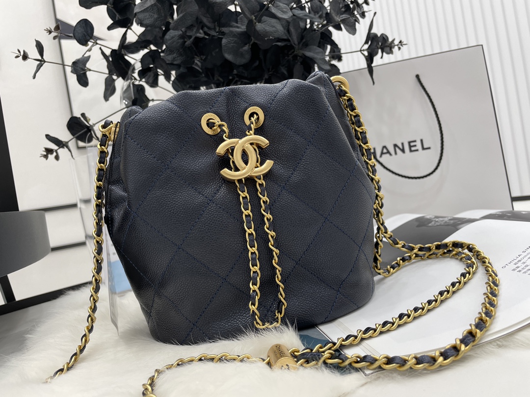 2022 New Style Chanel Bucket Bag Caviar Imitation Pearls and Gold-Tone Metal Black AS2859 Copy