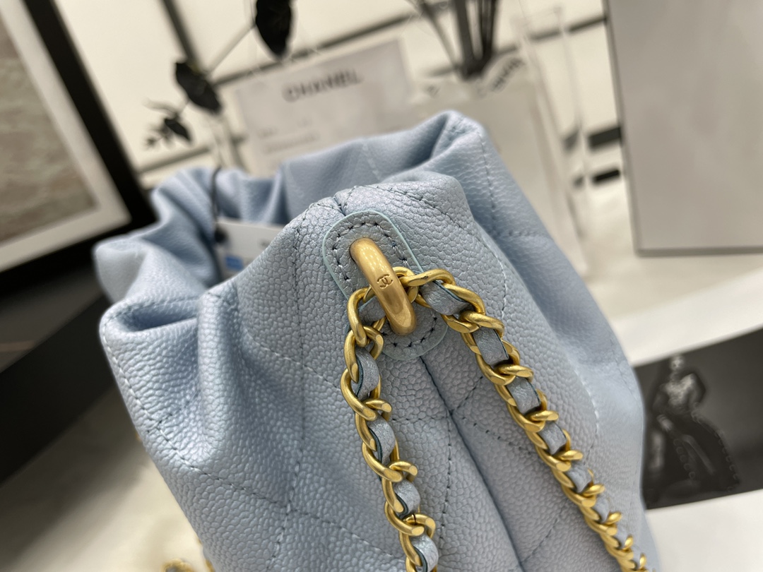 2022 New Style Chanel Bucket Bag Lambskin Imitation Pearls and Gold-Tone Metal Blue AS2859 Copy