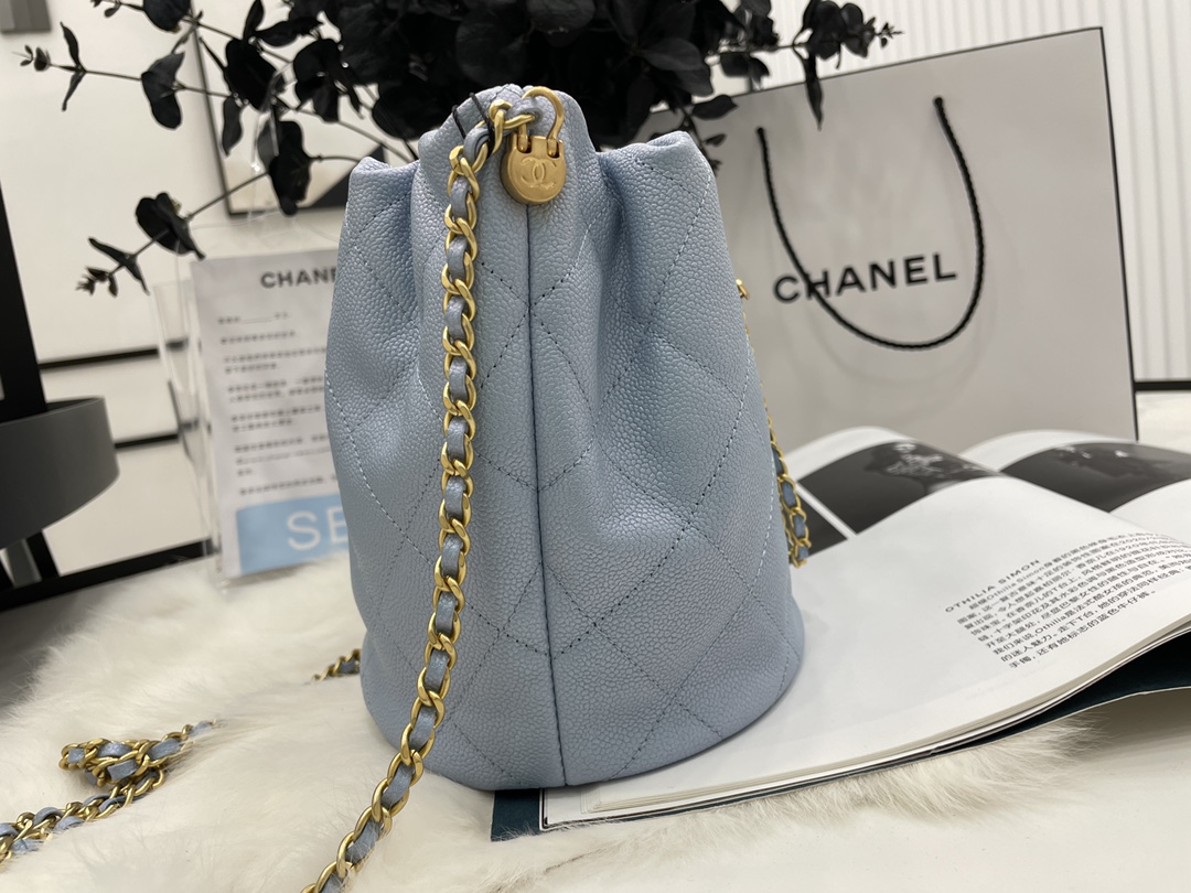 2022 New Style Chanel Bucket Bag Lambskin Imitation Pearls and Gold-Tone Metal Blue AS2859 Copy