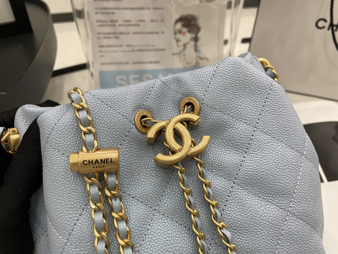 2022 New Style Chanel Bucket Bag Lambskin Imitation Pearls and Gold-Tone Metal Blue AS2859 Copy